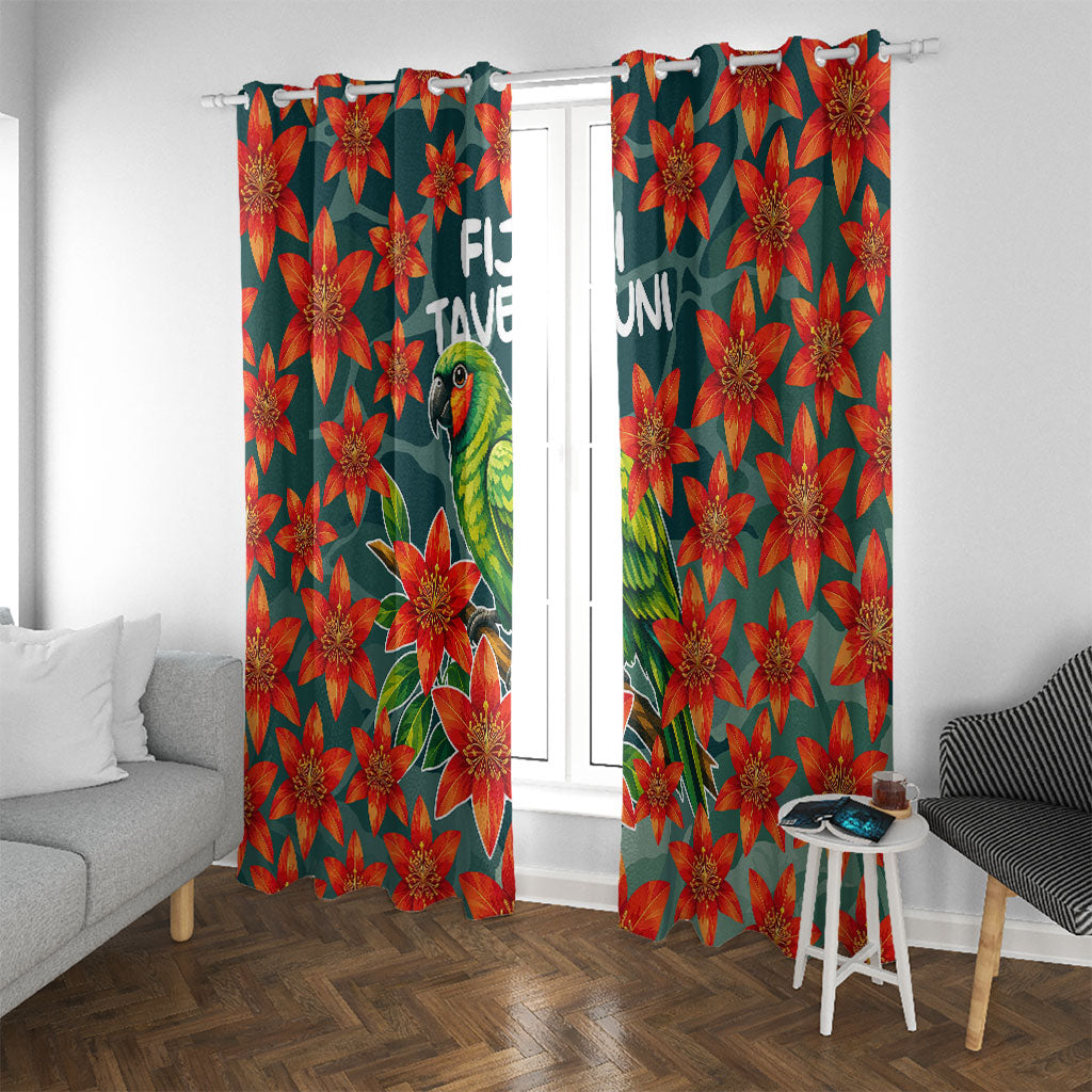 Fiji Taveuni Parrot Window Curtain Tropical Waterfall Landscape With Floral Tribal Pattern TS04 With Grommets Green Orange - Polynesian Pride