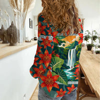 Fiji Taveuni Parrot Women Casual Shirt Tropical Waterfall Landscape With Floral Tribal Pattern TS04 - Polynesian Pride