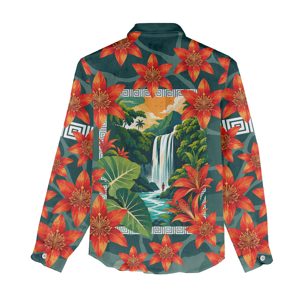 Fiji Taveuni Parrot Women Casual Shirt Tropical Waterfall Landscape With Floral Tribal Pattern TS04 - Polynesian Pride