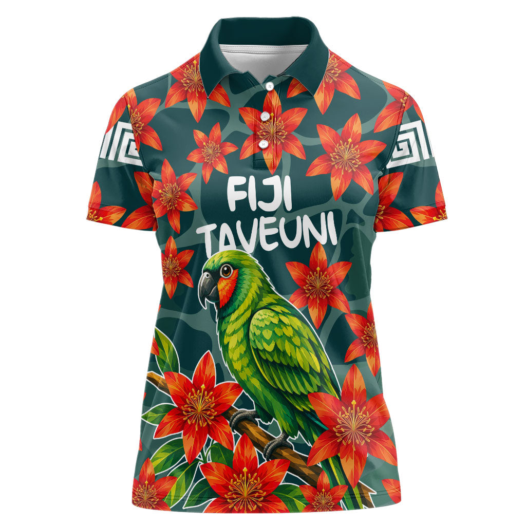 Fiji Taveuni Parrot Women Polo Shirt Tropical Waterfall Landscape With Floral Tribal Pattern TS04 Female Green Orange - Polynesian Pride