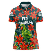 Fiji Taveuni Parrot Women Polo Shirt Tropical Waterfall Landscape With Floral Tribal Pattern TS04 Female Green Orange - Polynesian Pride