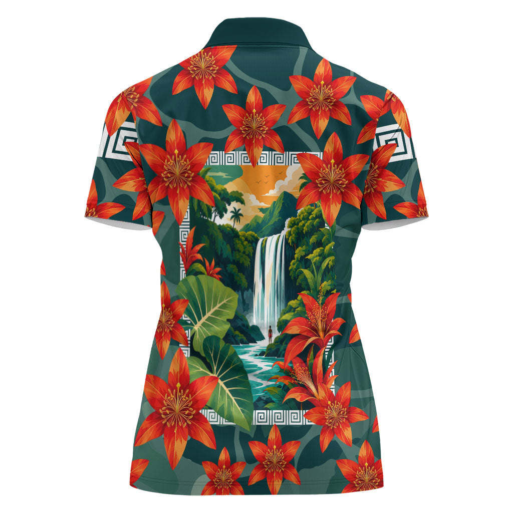 Fiji Taveuni Parrot Women Polo Shirt Tropical Waterfall Landscape With Floral Tribal Pattern TS04 - Polynesian Pride