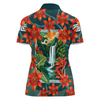 Fiji Taveuni Parrot Women Polo Shirt Tropical Waterfall Landscape With Floral Tribal Pattern TS04 - Polynesian Pride