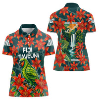 Fiji Taveuni Parrot Women Polo Shirt Tropical Waterfall Landscape With Floral Tribal Pattern TS04 - Polynesian Pride