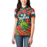 Fiji Taveuni Parrot Women Polo Shirt Tropical Waterfall Landscape With Floral Tribal Pattern TS04 - Polynesian Pride