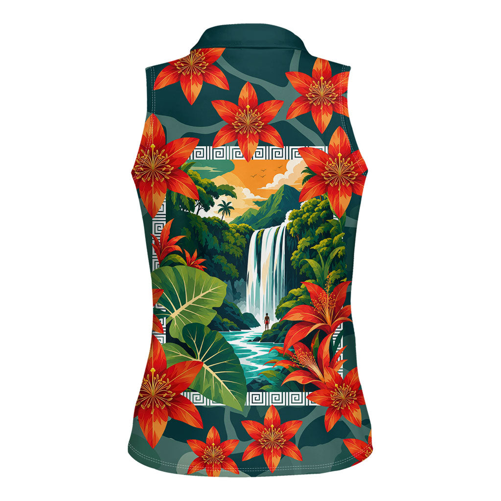 Fiji Taveuni Parrot Women Sleeveless Polo Shirt Tropical Waterfall Landscape With Floral Tribal Pattern TS04 - Polynesian Pride