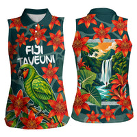Fiji Taveuni Parrot Women Sleeveless Polo Shirt Tropical Waterfall Landscape With Floral Tribal Pattern TS04 - Polynesian Pride