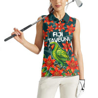 Fiji Taveuni Parrot Women Sleeveless Polo Shirt Tropical Waterfall Landscape With Floral Tribal Pattern TS04 - Polynesian Pride
