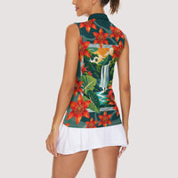 Fiji Taveuni Parrot Women Sleeveless Polo Shirt Tropical Waterfall Landscape With Floral Tribal Pattern TS04 - Polynesian Pride
