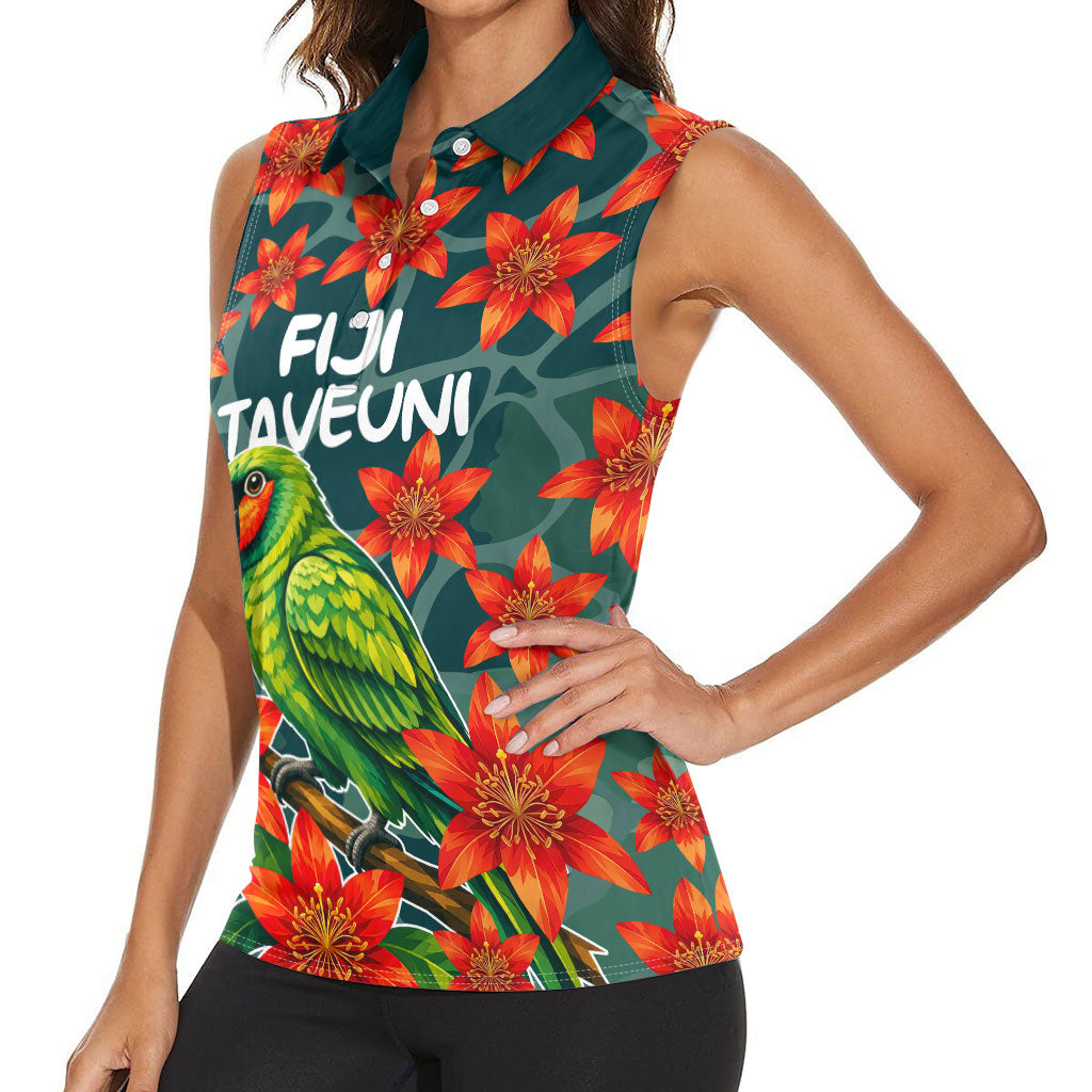 Fiji Taveuni Parrot Women Sleeveless Polo Shirt Tropical Waterfall Landscape With Floral Tribal Pattern TS04 - Polynesian Pride