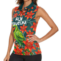 Fiji Taveuni Parrot Women Sleeveless Polo Shirt Tropical Waterfall Landscape With Floral Tribal Pattern TS04 - Polynesian Pride