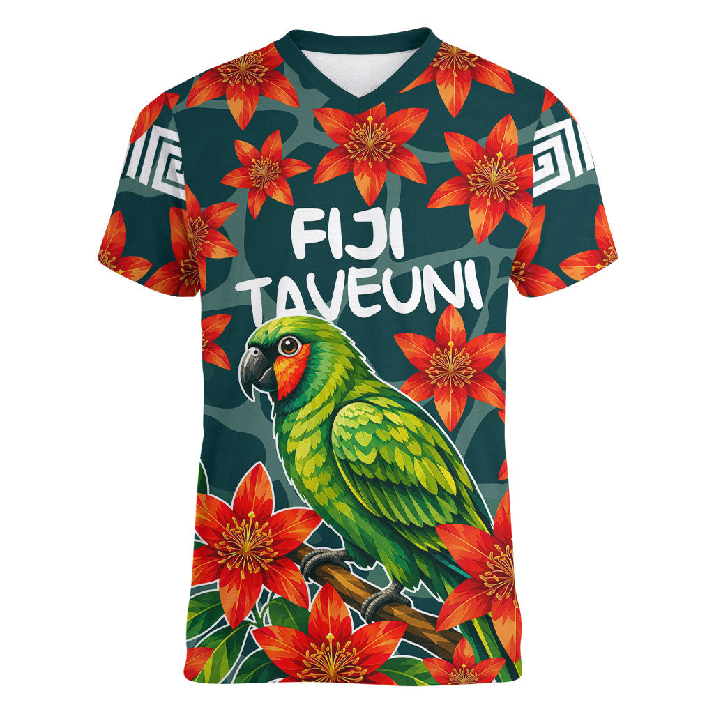 Fiji Taveuni Parrot Women V-Neck T-Shirt Tropical Waterfall Landscape With Floral Tribal Pattern TS04 Female Green Orange - Polynesian Pride
