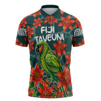 Fiji Taveuni Parrot Zipper Polo Shirt Tropical Waterfall Landscape With Floral Tribal Pattern TS04 Green Orange - Polynesian Pride