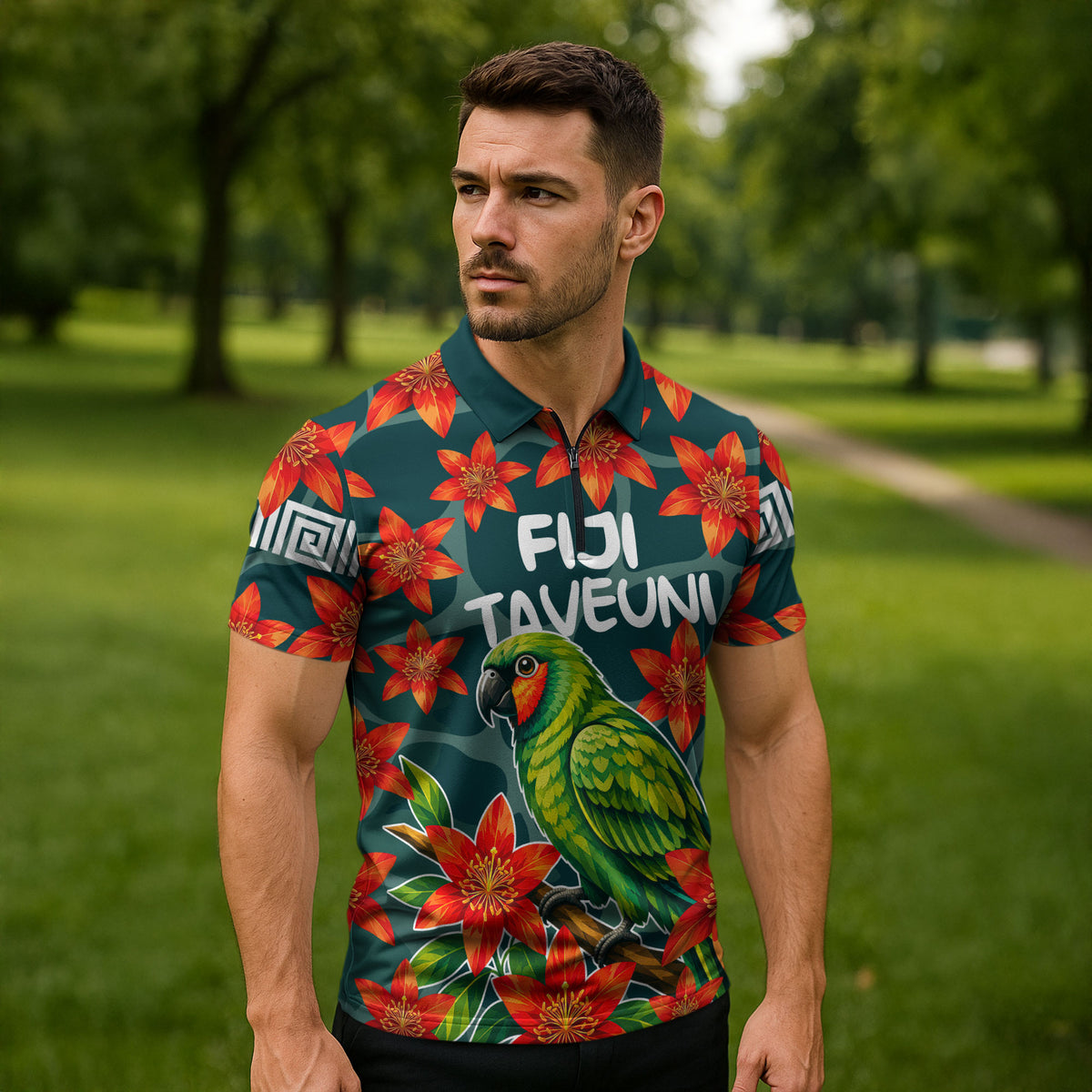 Fiji Taveuni Parrot Zipper Polo Shirt Tropical Waterfall Landscape With Floral Tribal Pattern TS04 - Polynesian Pride