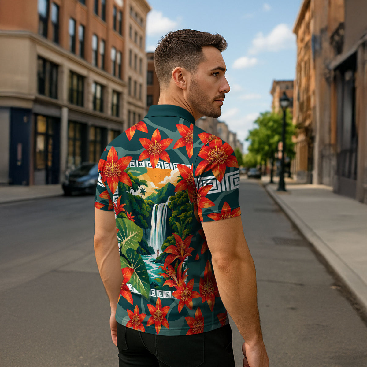 Fiji Taveuni Parrot Zipper Polo Shirt Tropical Waterfall Landscape With Floral Tribal Pattern TS04 - Polynesian Pride