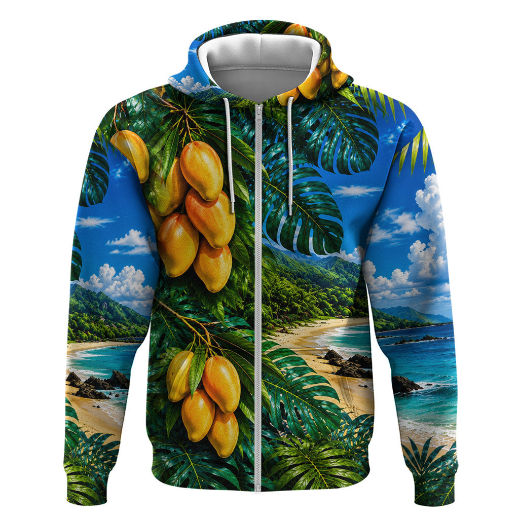 Hawaiian Mango Tropical Beach Zip Hoodie Scenic Island Nature Exotic Fruit Graphic TS04 Zip Hoodie Blue Green - Polynesian Pride