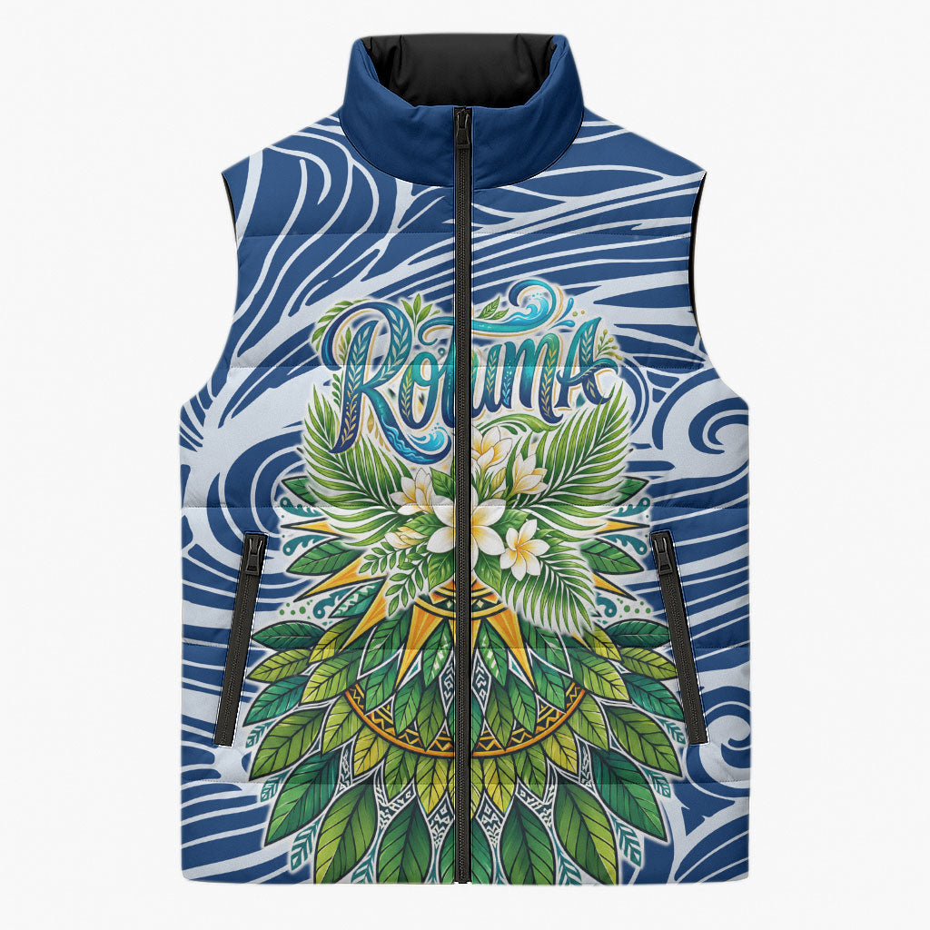 Rotuma Fiji Island Pride Sleeveless Puffer Jacket Ocean Wave Coral Reef Marine Life Tribal Tattoo