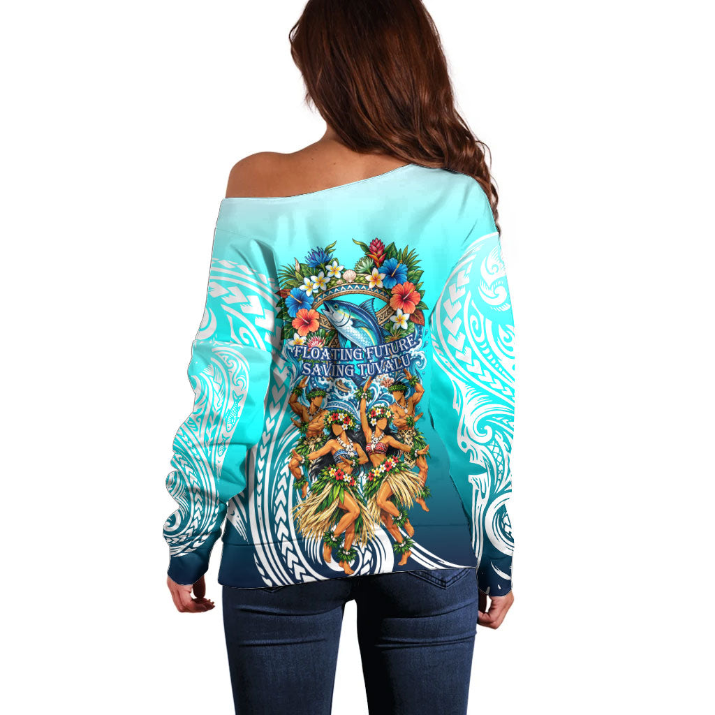 Floating Future Saving Tuvalu Off Shoulder Sweater Ocean Blue Pacific Polynesian Cultural Art Marine Wildlife TS04 - Polynesian Pride