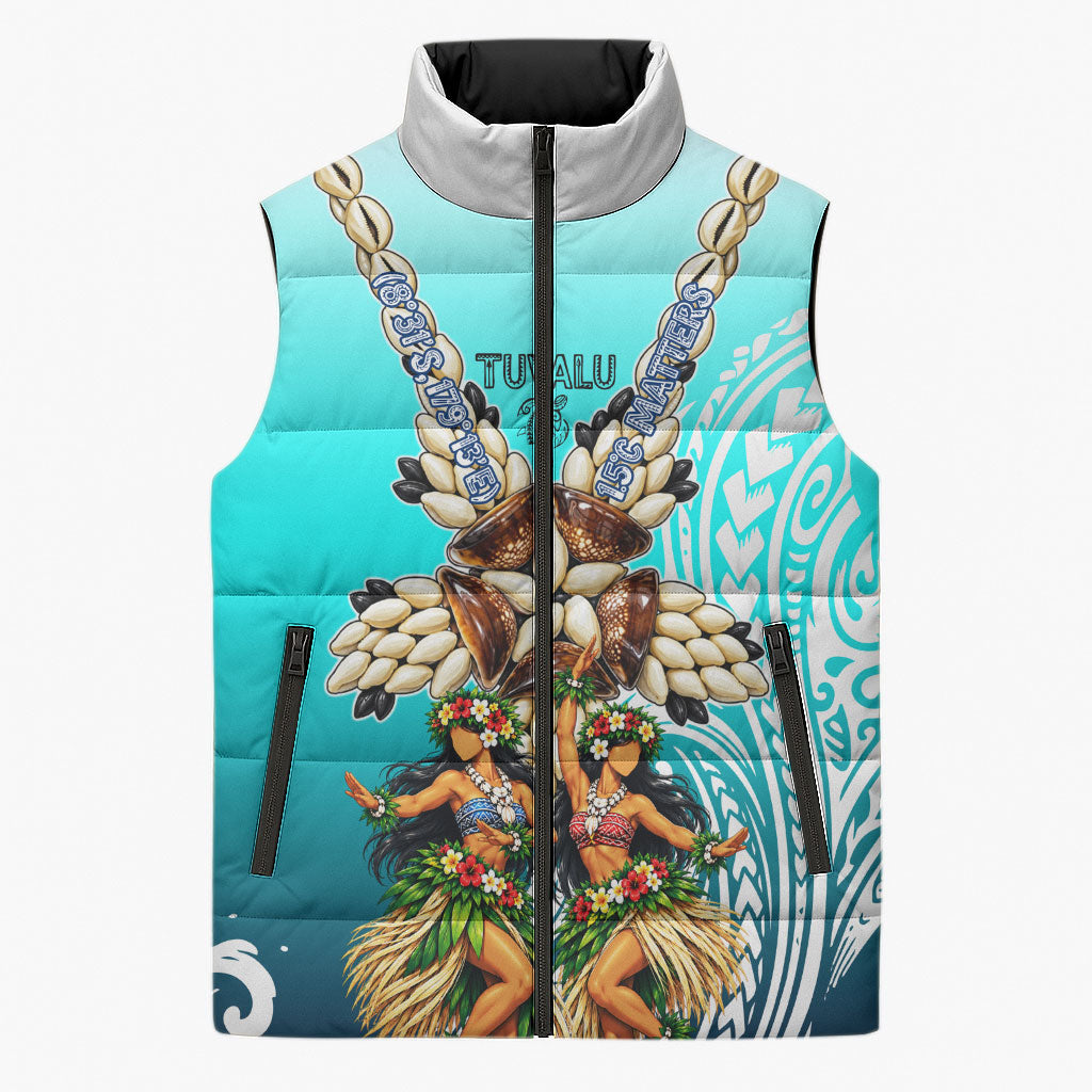 Floating Future Saving Tuvalu Sleeveless Puffer Jacket Ocean Blue Pacific Polynesian Cultural Art Marine Wildlife