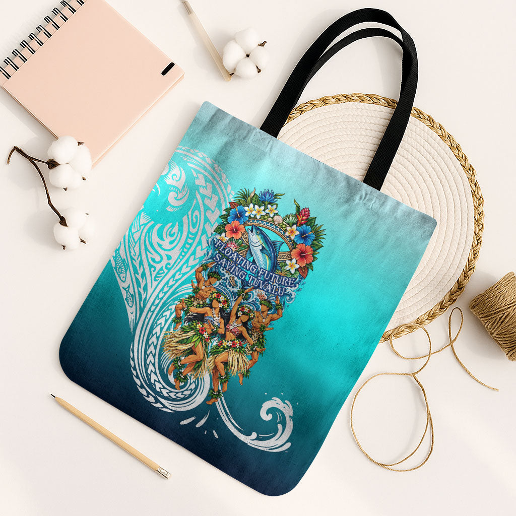 Floating Future Saving Tuvalu Tote Bag Ocean Blue Pacific Polynesian Cultural Art Marine Wildlife TS04 Black Strap One Size Blue White - Polynesian Pride