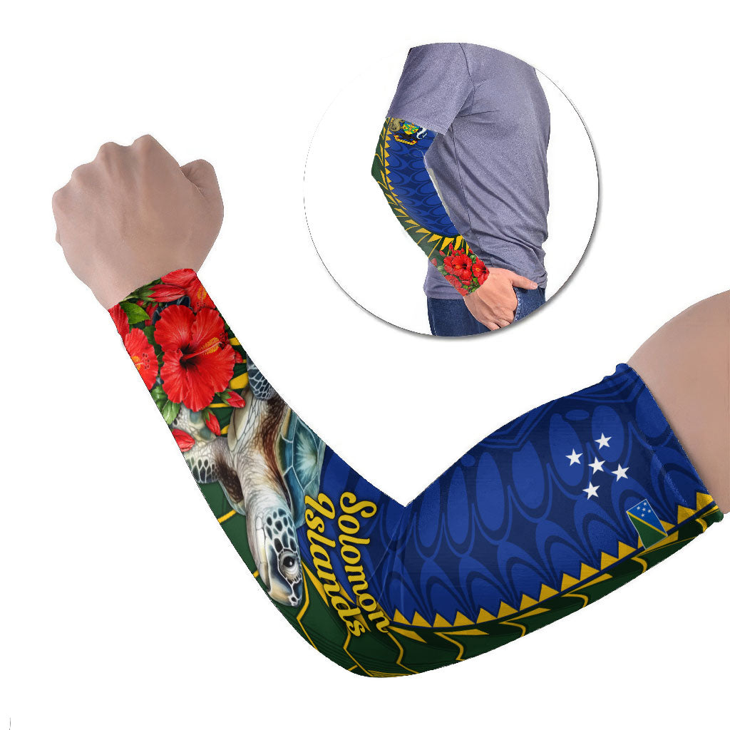 Solomon Islands Sea Turtle Arm Sleeves Patriotic Flag Coat Of Arms Tribal Hibiscus TS04 Set of 2 Blue Green - Polynesian Pride