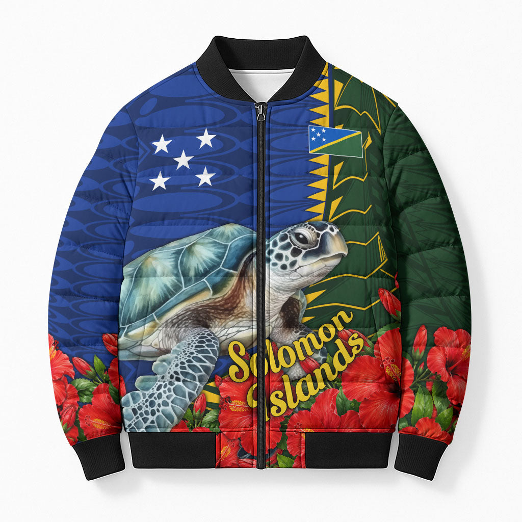 Solomon Islands Sea Turtle Bomber Puffer Jacket Patriotic Flag Coat Of Arms Tribal Hibiscus TS04 Unisex Blue Green - Polynesian Pride
