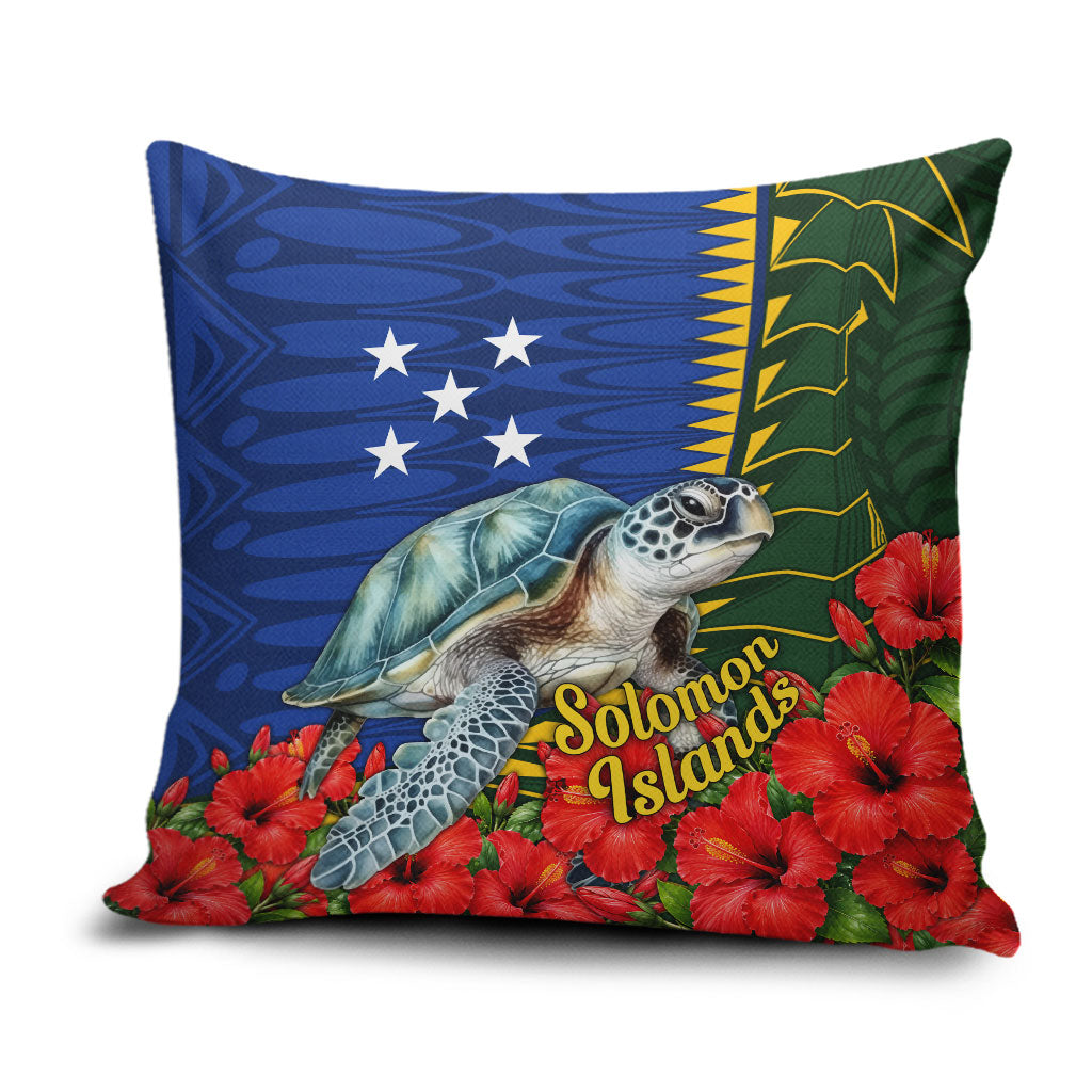 Solomon Islands Sea Turtle Pillow Cover Patriotic Flag Coat Of Arms Tribal Hibiscus TS04 Blue Green - Polynesian Pride