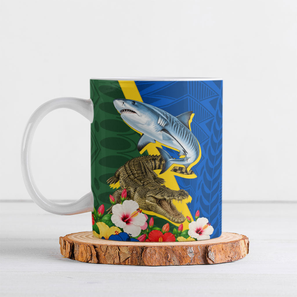 Personalized Solomon Islands Coat Of Arms Ceramic Mug Patriotic Flag Shark Crocodile Tropical Floral