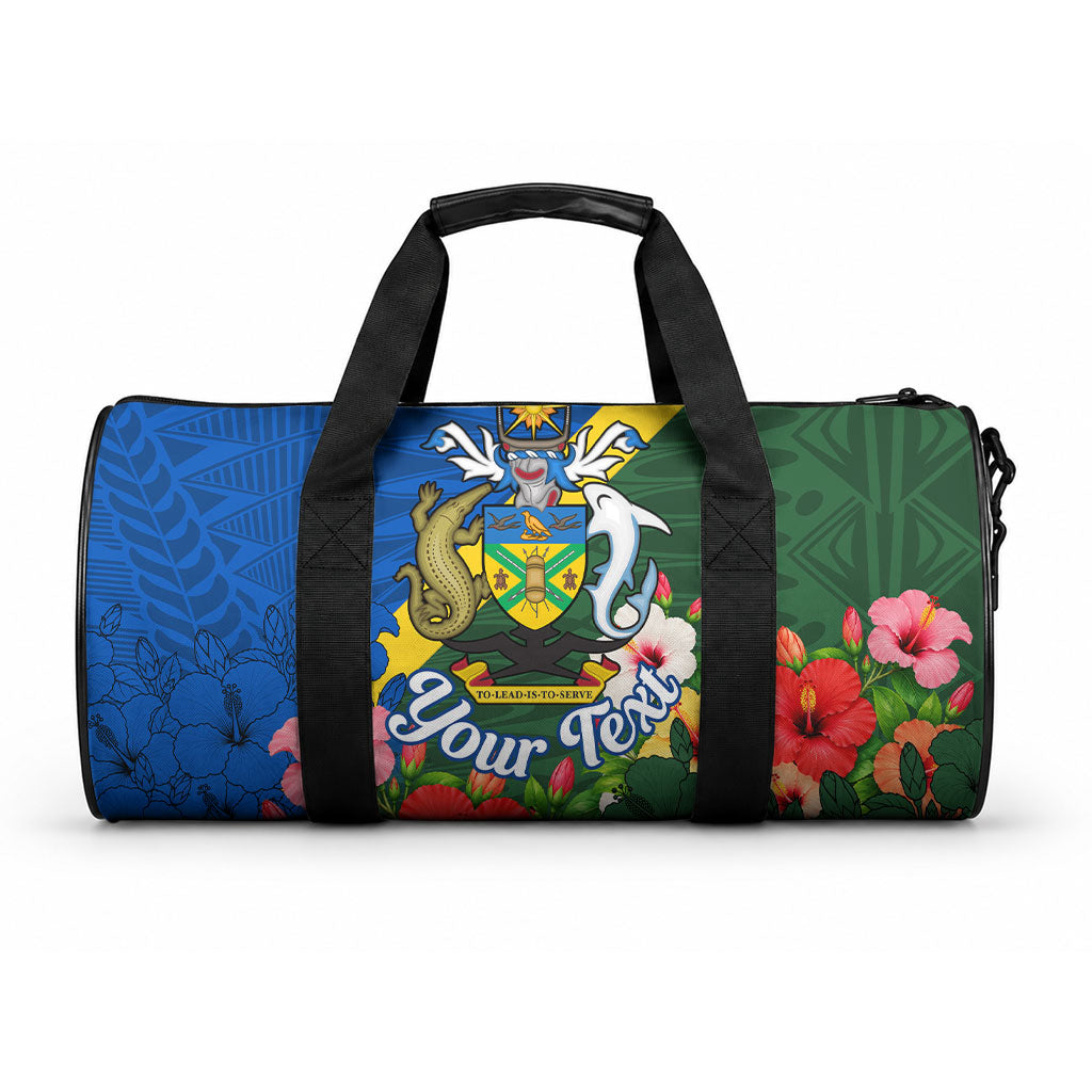 Personalized Solomon Islands Coat Of Arms Duffle Bag Patriotic Flag Shark Crocodile Tropical Floral