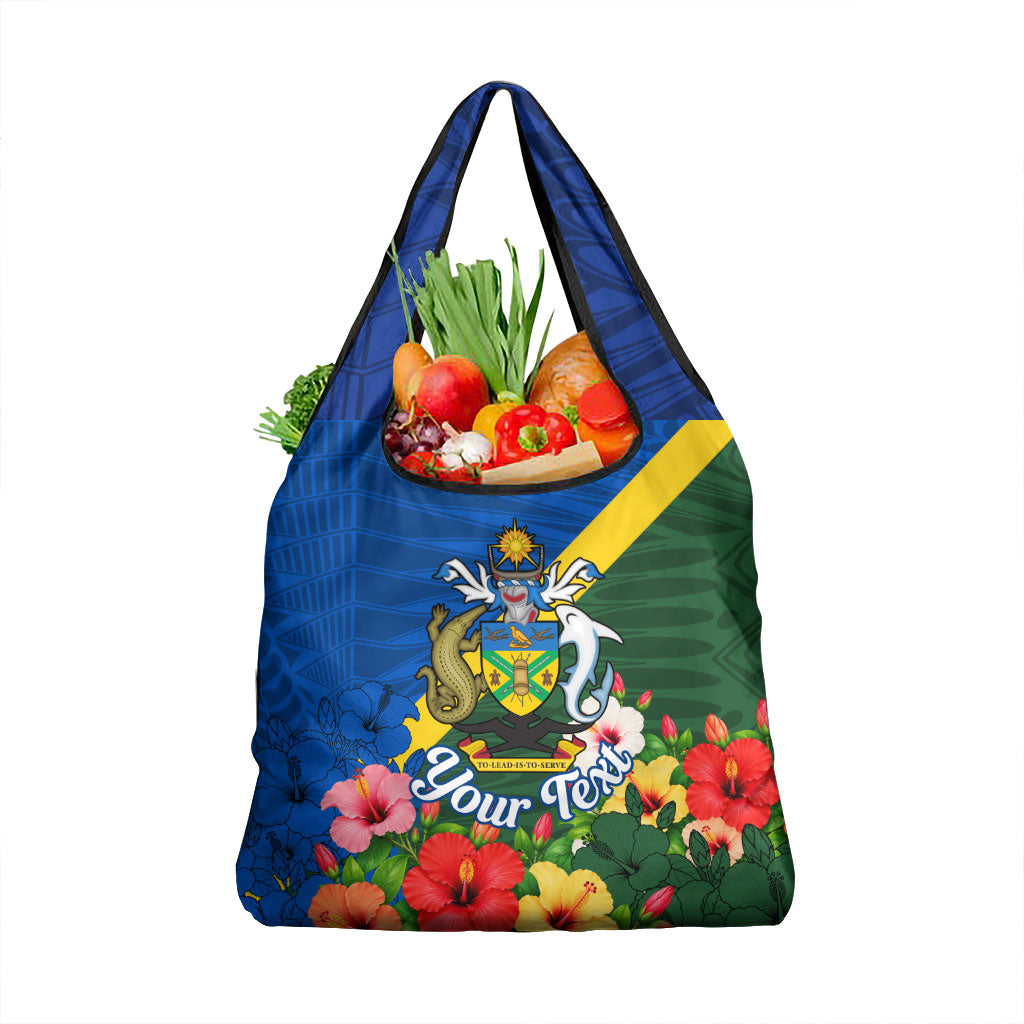 Personalized Solomon Islands Coat Of Arms Grocery Bag Patriotic Flag Shark Crocodile Tropical Floral