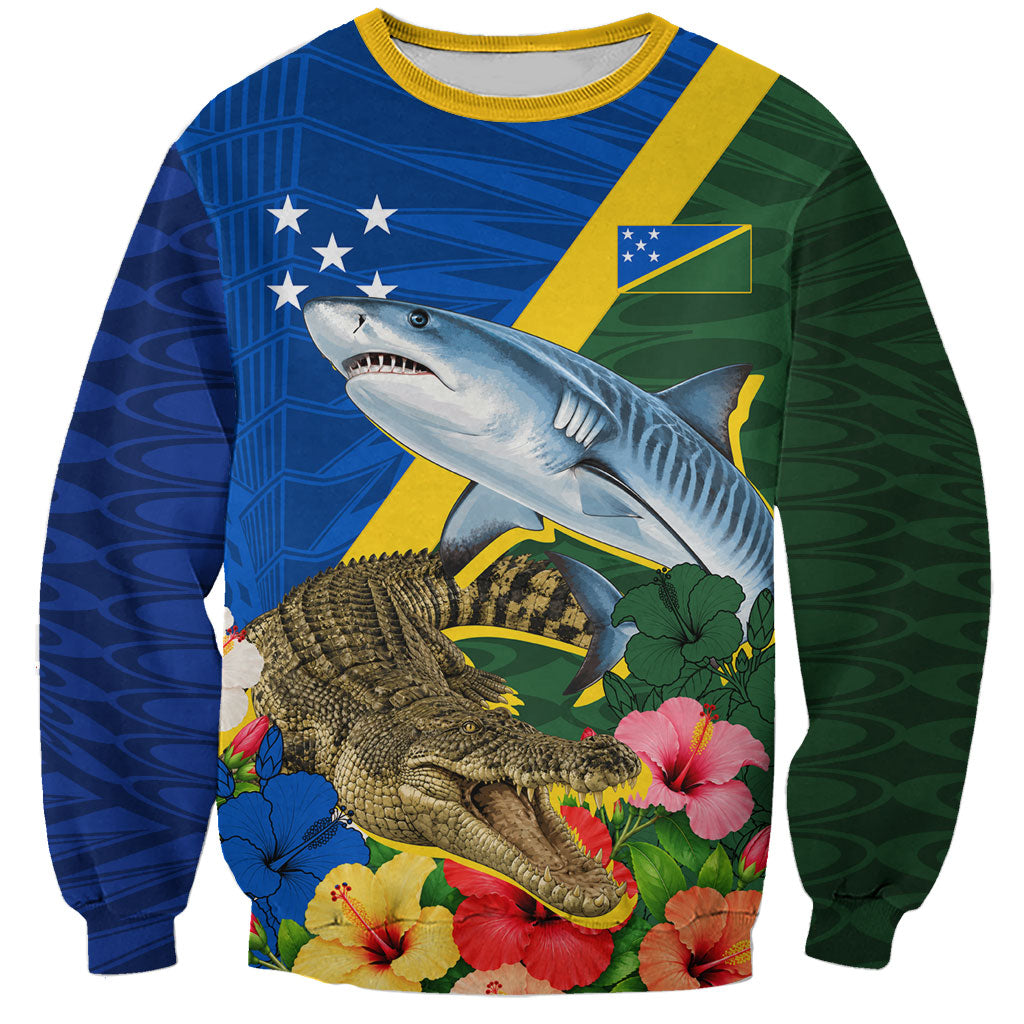 Personalized Solomon Islands Coat Of Arms Sweatshirt Patriotic Flag Shark Crocodile Tropical Floral