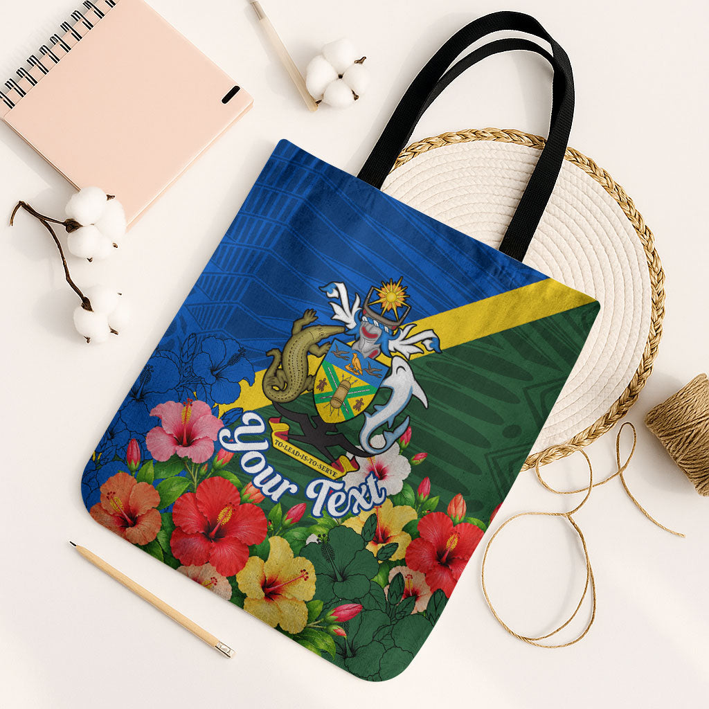 Personalized Solomon Islands Coat Of Arms Tote Bag Patriotic Flag Shark Crocodile Tropical Floral