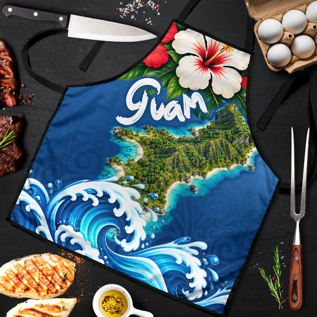 Guam Tropical Island Apron Hibiscus Floral Ocean Waves TS04 Blue Red - Polynesian Pride