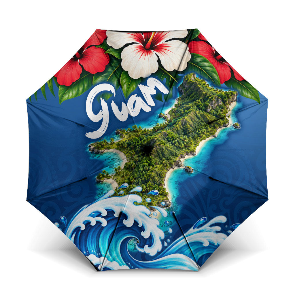 Guam Tropical Island Umbrella Hibiscus Floral Ocean Waves TS04 One Size Folded 11.42 inch Opened Diameter 37.4 inch Blue Red - Polynesian Pride