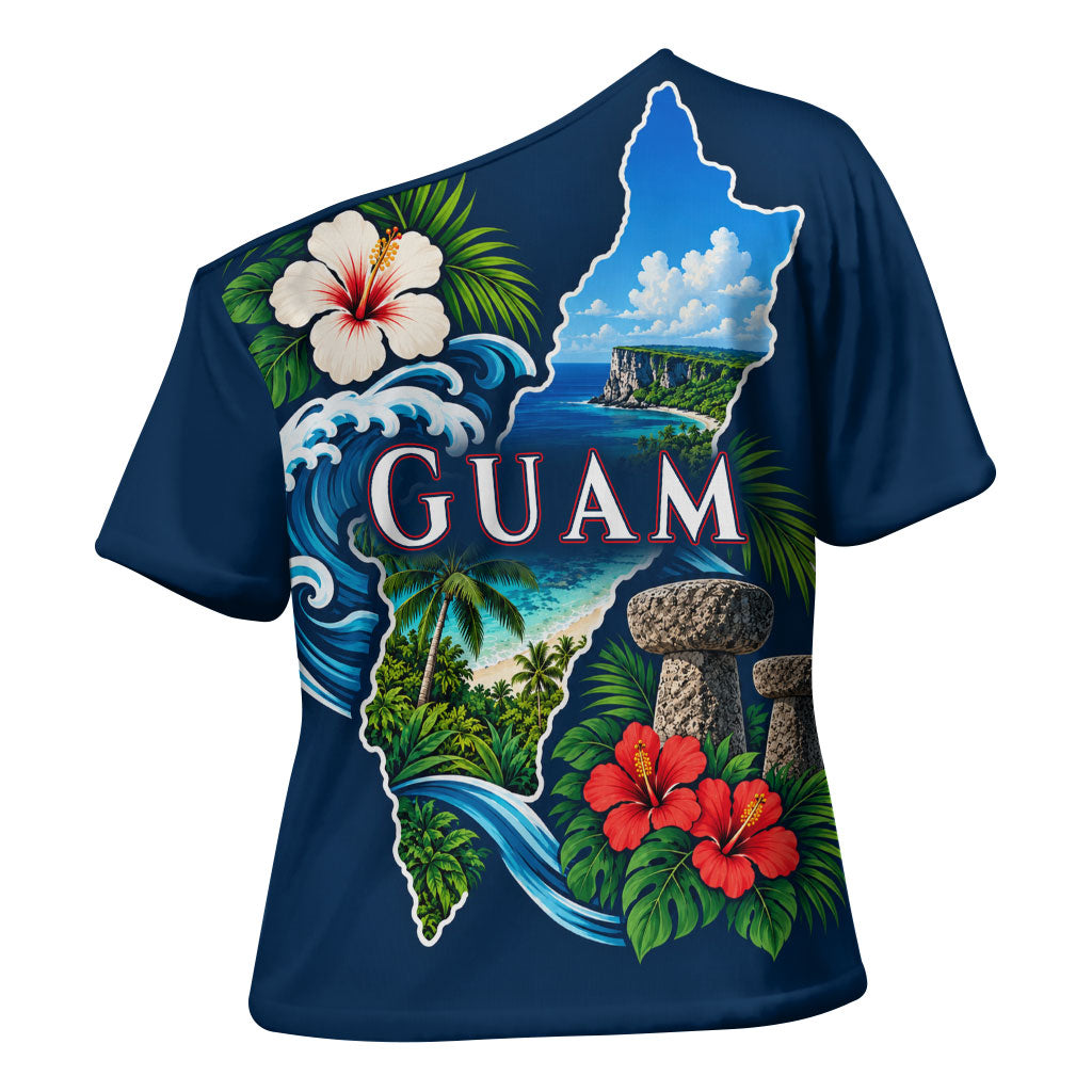 Guam Map Latte Stone Cross Shoulder Shirt Hibiscus Floral Coastal Landscape TS04 - Polynesian Pride