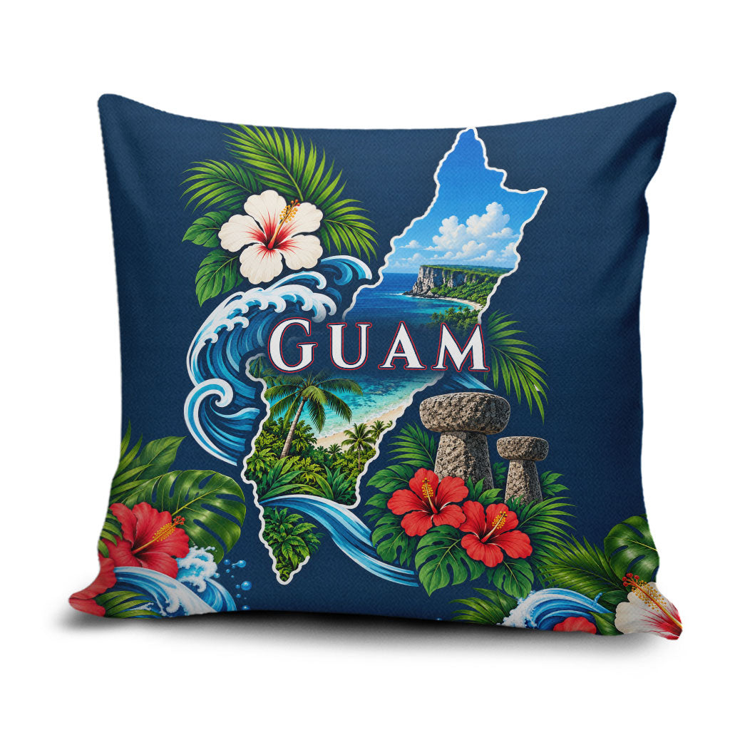 Guam Map Latte Stone Pillow Cover Hibiscus Floral Coastal Landscape TS04 Blue Red - Polynesian Pride