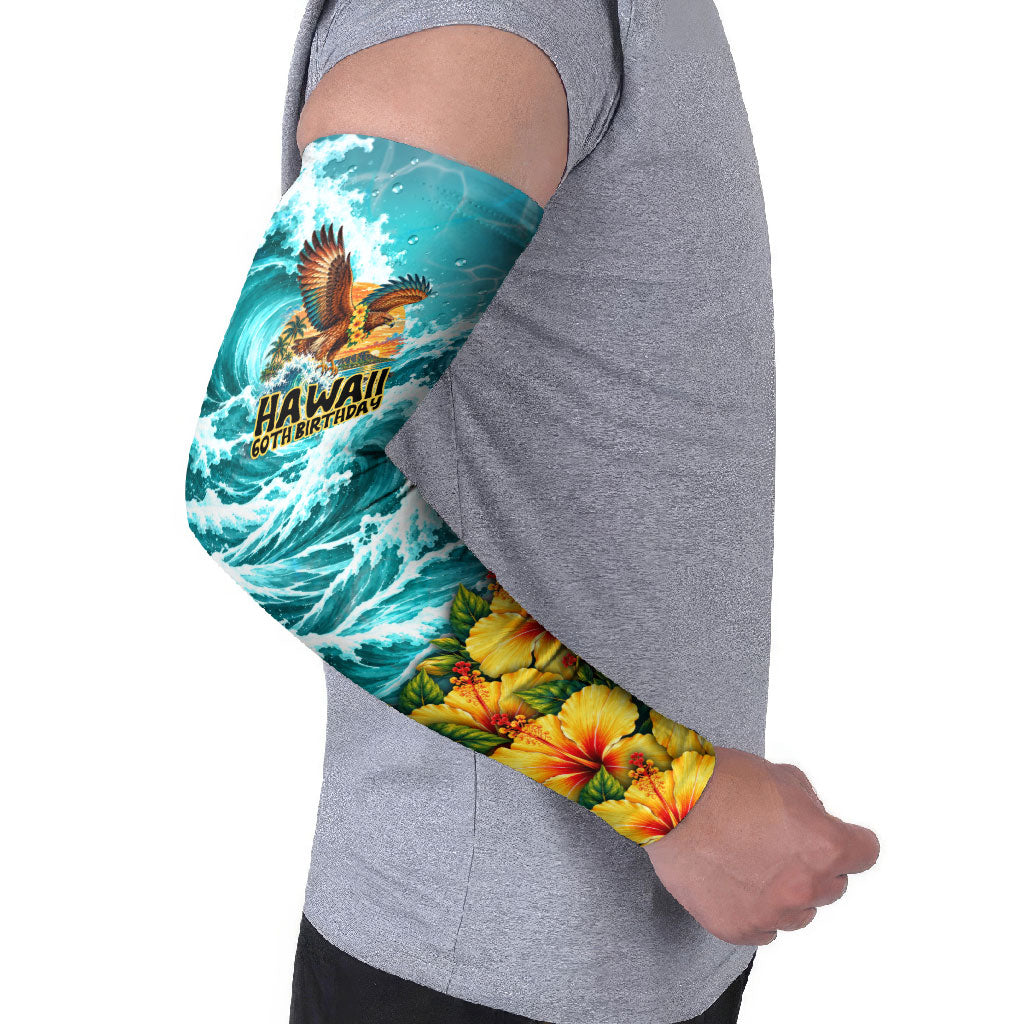 Personalized Hawaii 60th Birthday Eagle Arm Sleeves Tropical Sunset Beach Hibiscus Ocean Wave TS04 - Polynesian Pride