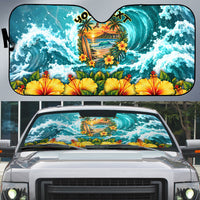 Personalized Hawaii 60th Birthday Eagle Auto Sun Shade Tropical Sunset Beach Hibiscus Ocean Wave TS04 Blue Yellow - Polynesian Pride