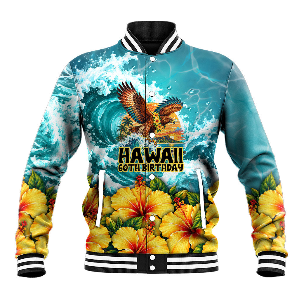 Personalized Hawaii 60th Birthday Eagle Baseball Jacket Tropical Sunset Beach Hibiscus Ocean Wave TS04 Unisex Blue Yellow - Polynesian Pride