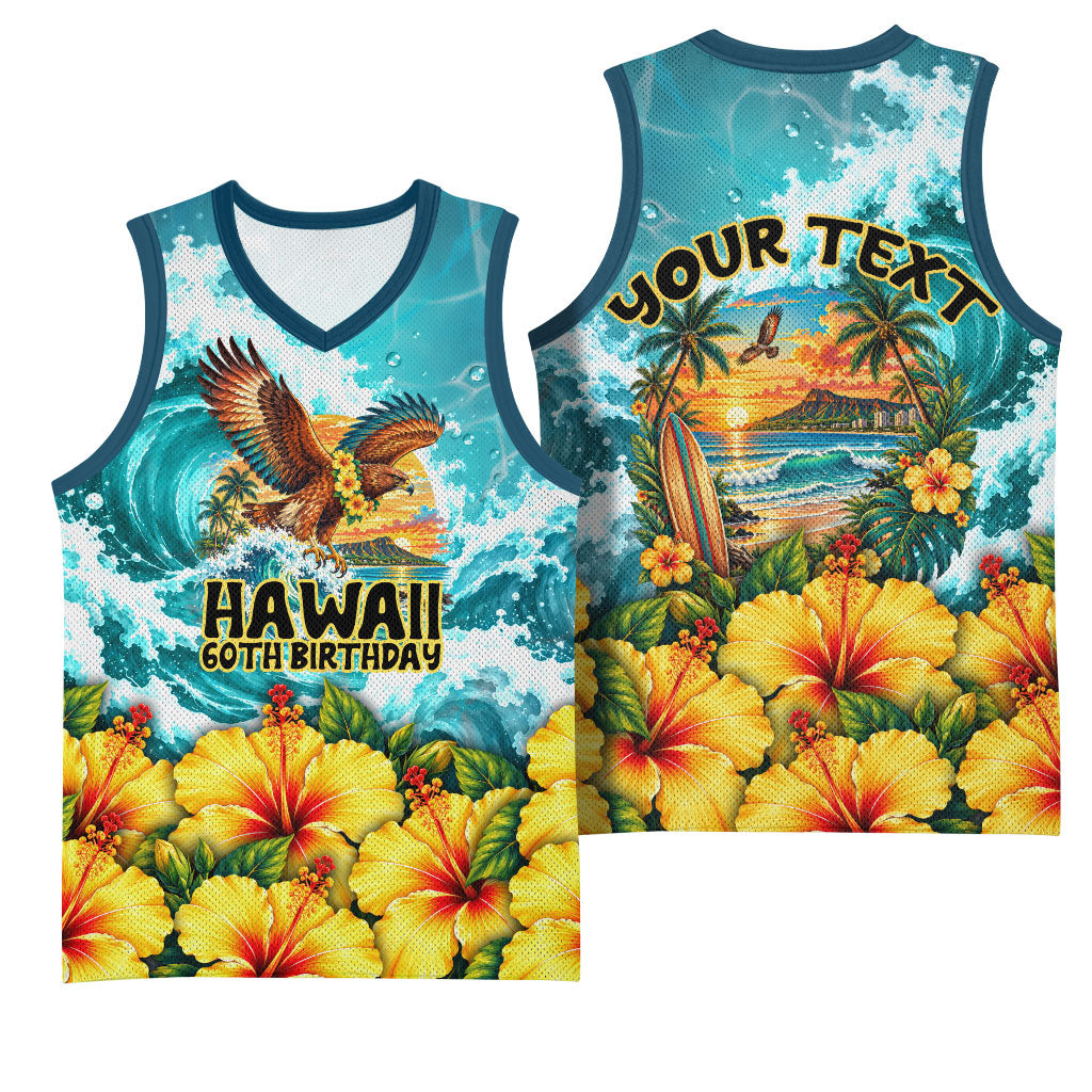 Personalized Hawaii 60th Birthday Eagle Basketball Jersey Tropical Sunset Beach Hibiscus Ocean Wave TS04 - Polynesian Pride