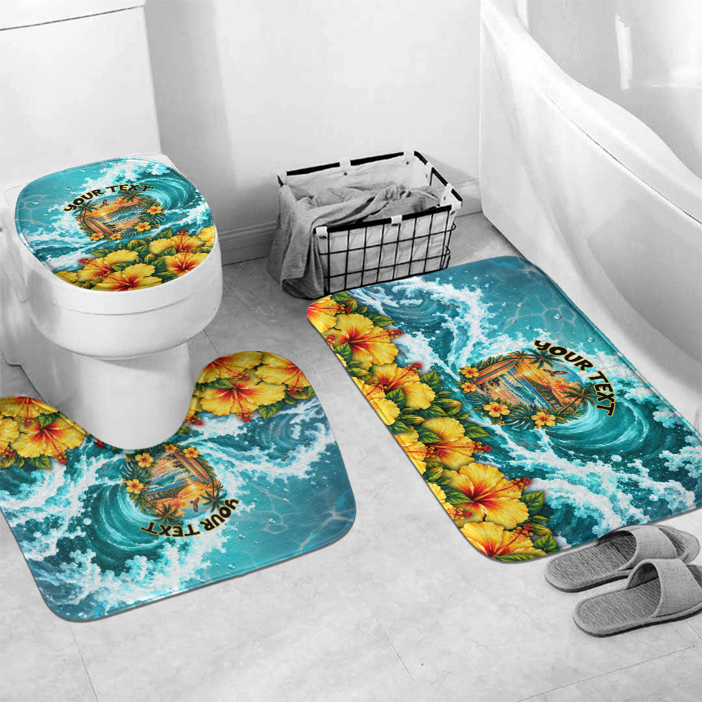 Personalized Hawaii 60th Birthday Eagle Bathroom Set Tropical Sunset Beach Hibiscus Ocean Wave TS04 Mat Set Only (3 pcs) One Size Blue Yellow - Polynesian Pride