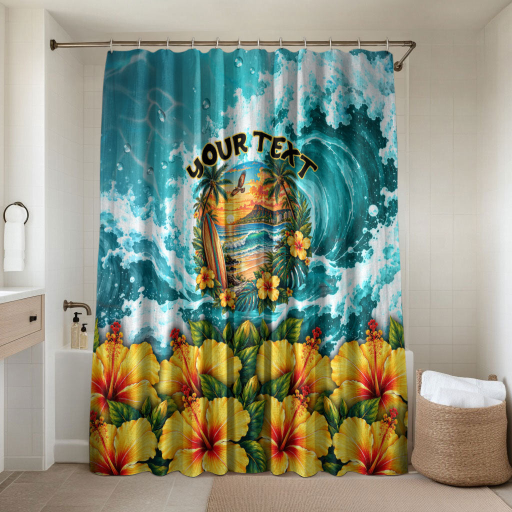 Personalized Hawaii 60th Birthday Eagle Bathroom Set Tropical Sunset Beach Hibiscus Ocean Wave TS04 Shower Curtain Only Blue Yellow - Polynesian Pride