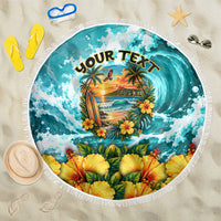 Personalized Hawaii 60th Birthday Eagle Beach Blanket Tropical Sunset Beach Hibiscus Ocean Wave TS04 One Size 150cm Blue Yellow - Polynesian Pride