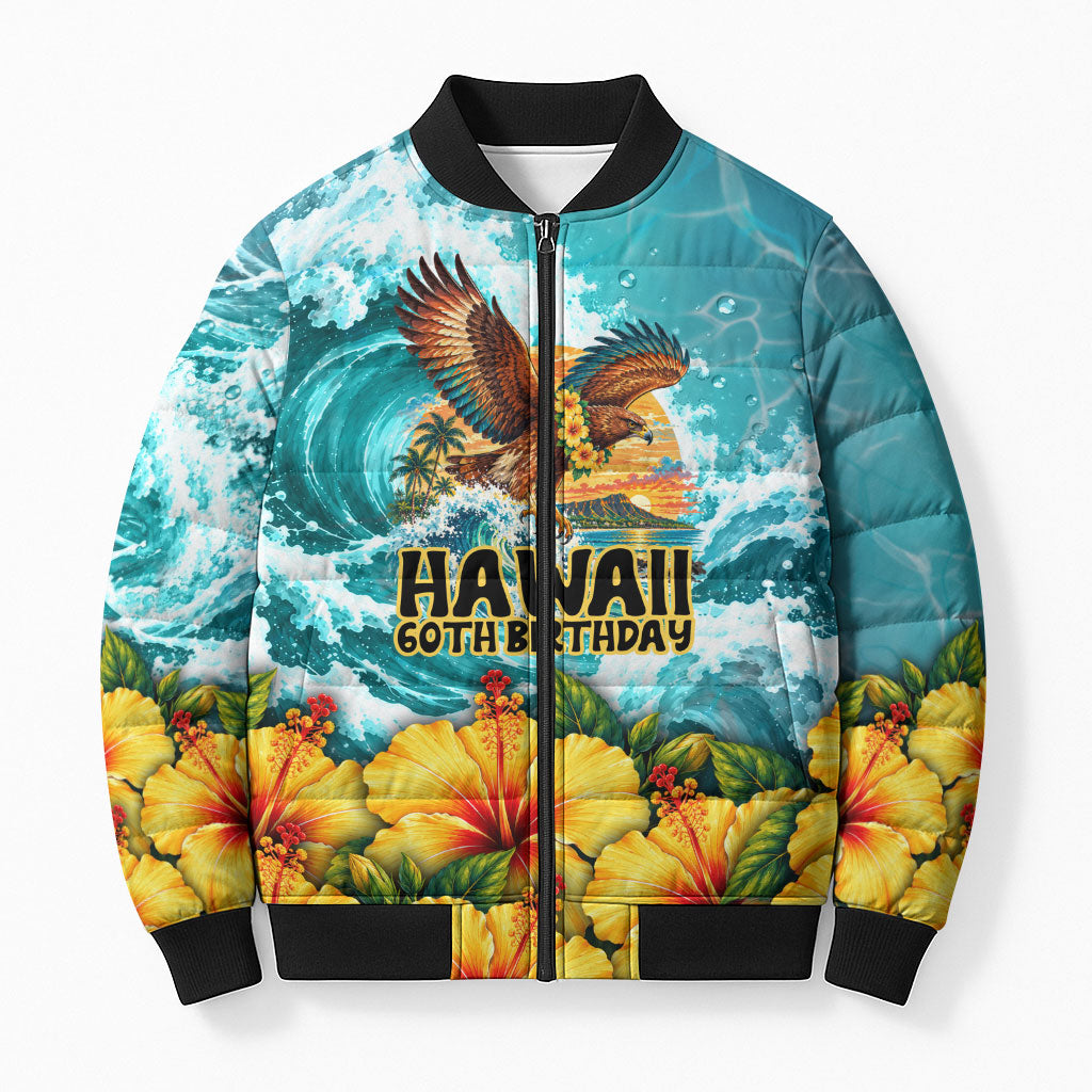 Personalized Hawaii 60th Birthday Eagle Bomber Puffer Jacket Tropical Sunset Beach Hibiscus Ocean Wave TS04 Unisex Blue Yellow - Polynesian Pride