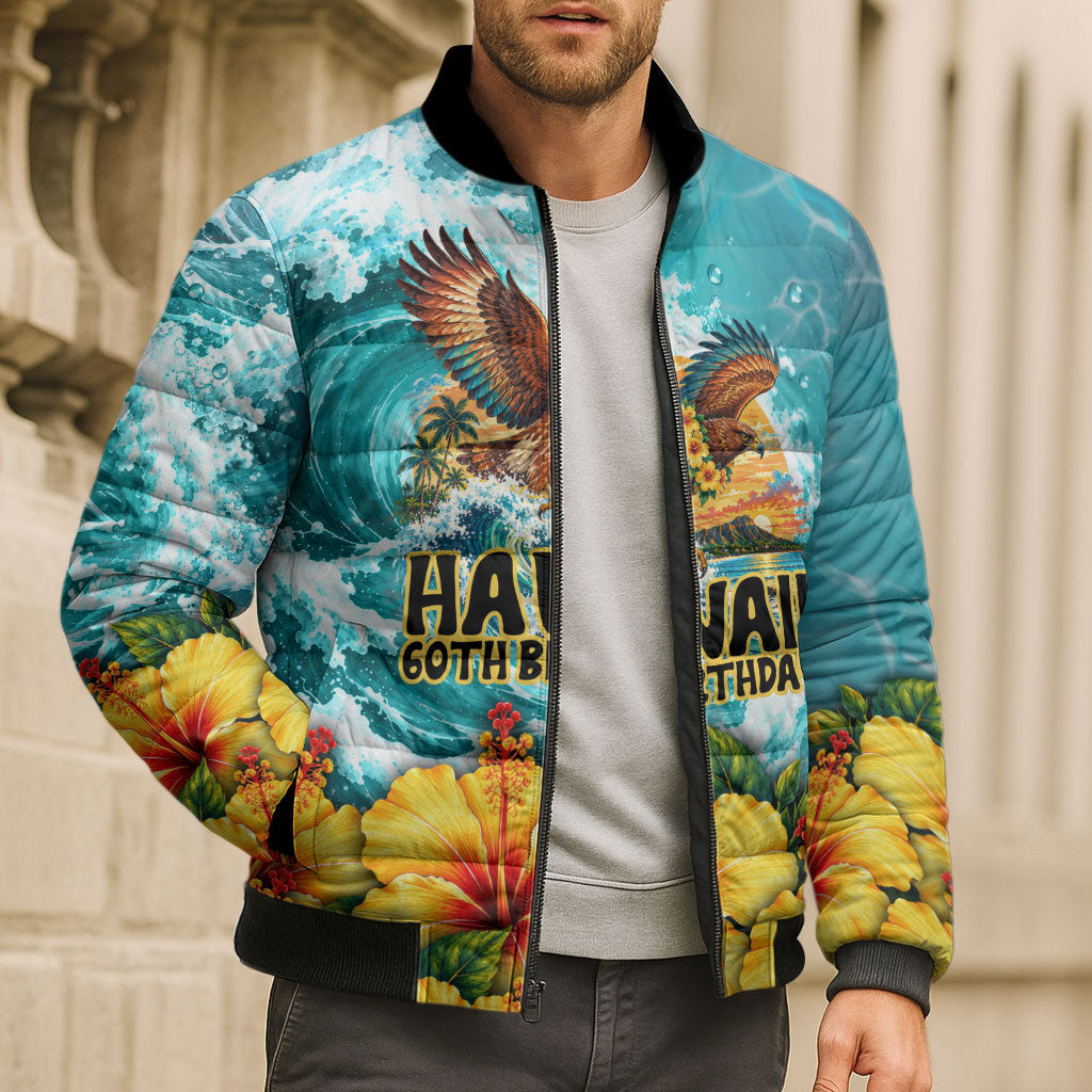 Personalized Hawaii 60th Birthday Eagle Bomber Puffer Jacket Tropical Sunset Beach Hibiscus Ocean Wave TS04 - Polynesian Pride