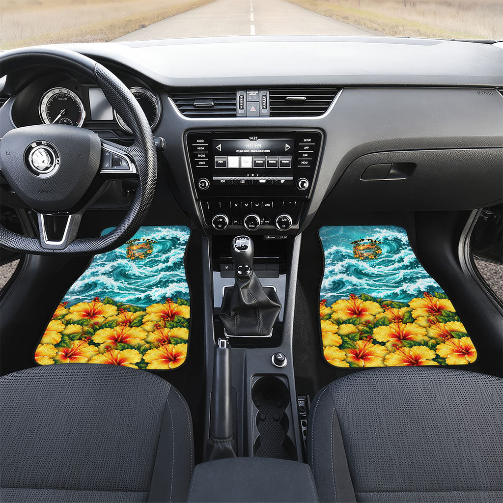 Personalized Hawaii 60th Birthday Eagle Car Mats Tropical Sunset Beach Hibiscus Ocean Wave TS04 Set 2pcs - Front Blue Yellow - Polynesian Pride