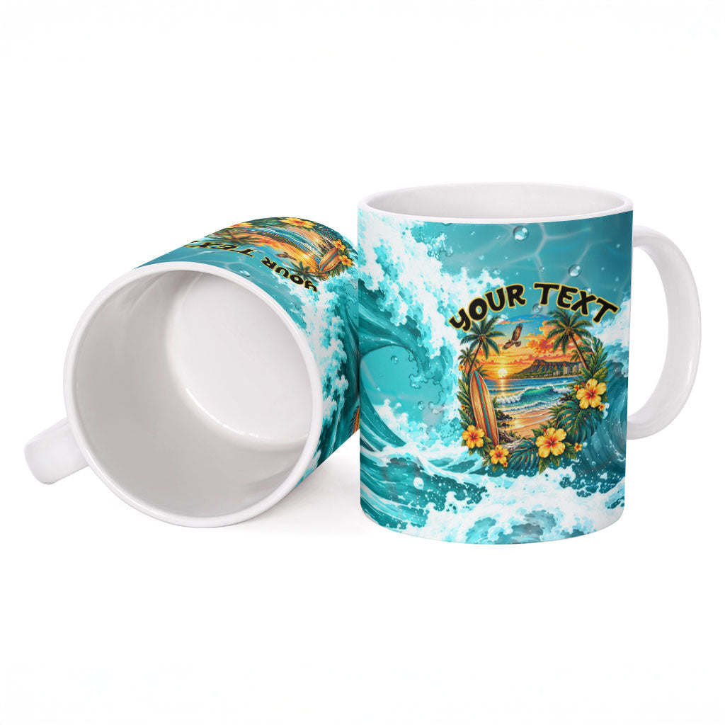 Personalized Hawaii 60th Birthday Eagle Ceramic Mug Tropical Sunset Beach Hibiscus Ocean Wave TS04 - Polynesian Pride