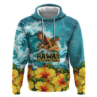 Personalized Hawaii 60th Birthday Eagle Hoodie Tropical Sunset Beach Hibiscus Ocean Wave TS04 Pullover Hoodie Blue Yellow - Polynesian Pride