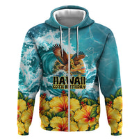 Personalized Hawaii 60th Birthday Eagle Hoodie Tropical Sunset Beach Hibiscus Ocean Wave TS04 Zip Hoodie Blue Yellow - Polynesian Pride