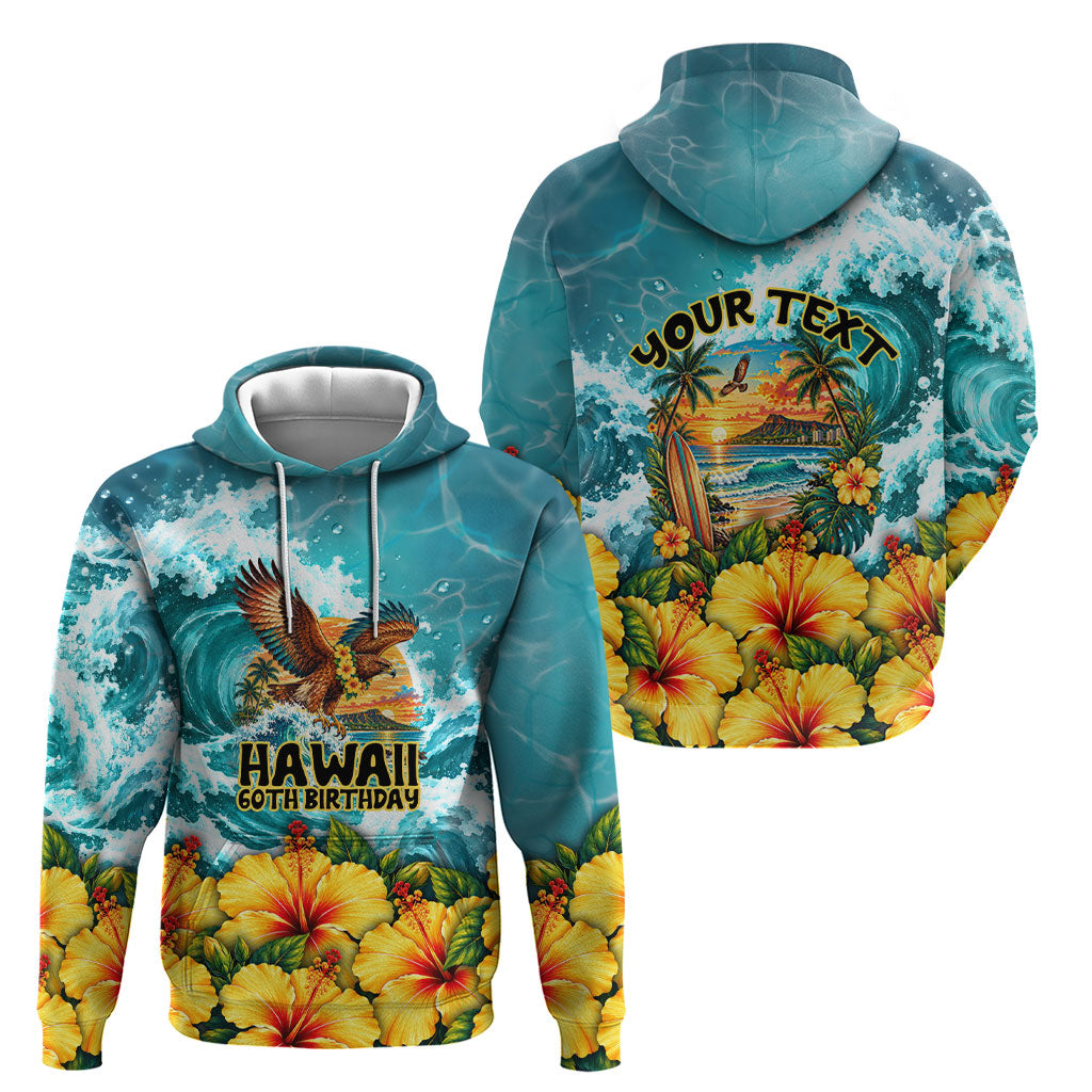 Personalized Hawaii 60th Birthday Eagle Hoodie Tropical Sunset Beach Hibiscus Ocean Wave TS04 - Polynesian Pride